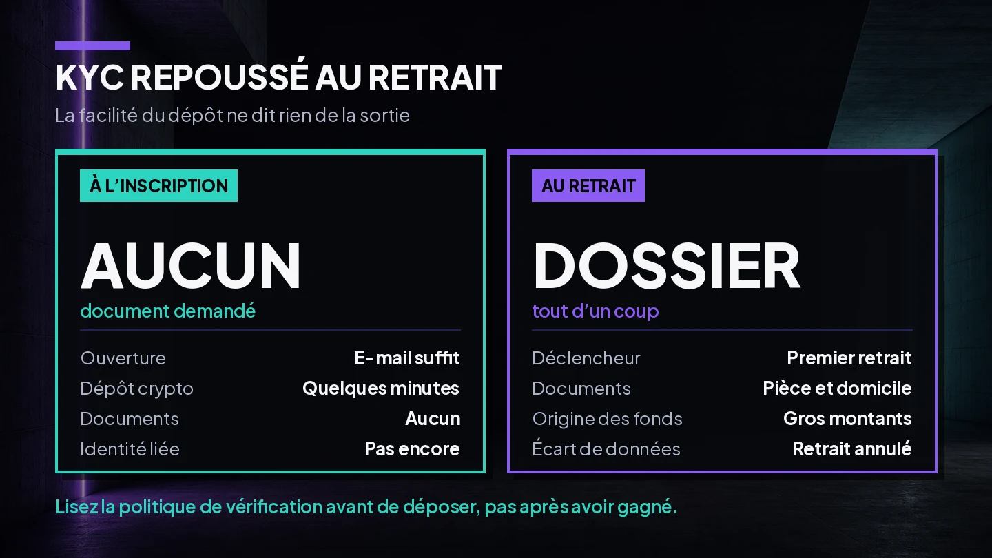 Schéma montrant la différence entre jouer sans vérification et le contrôle KYC repoussé au retrait